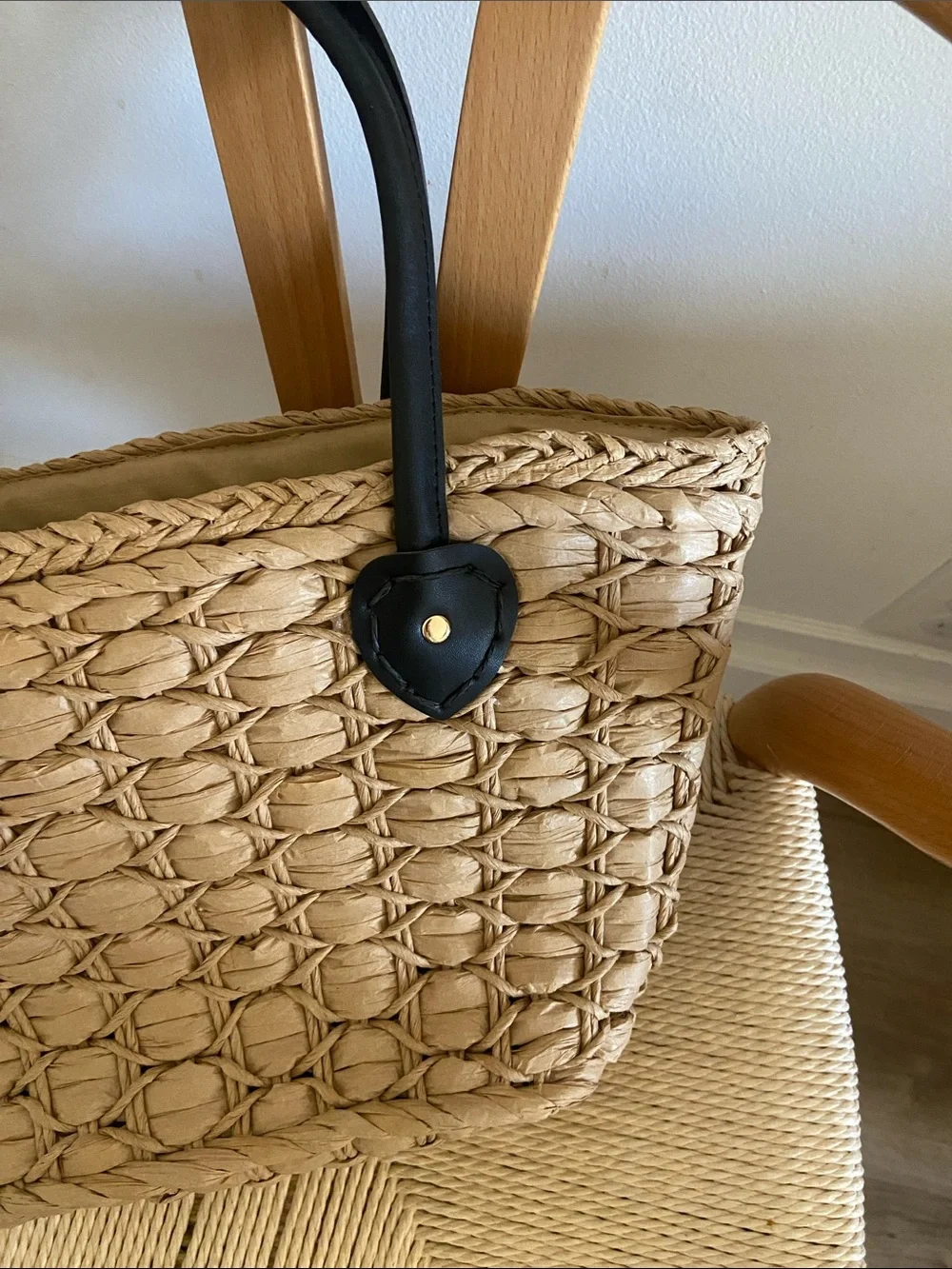 Woven Straw Tote Bag with Black Handles
